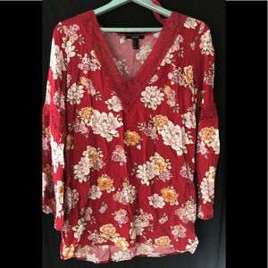 Red floral long sleeve lace dress